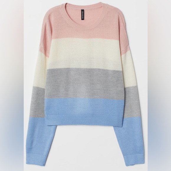H & M DIVIDED Crewneck Striped Sweater Size XS Long Sleeved Dropped Shoulders - Picture 1 of 4